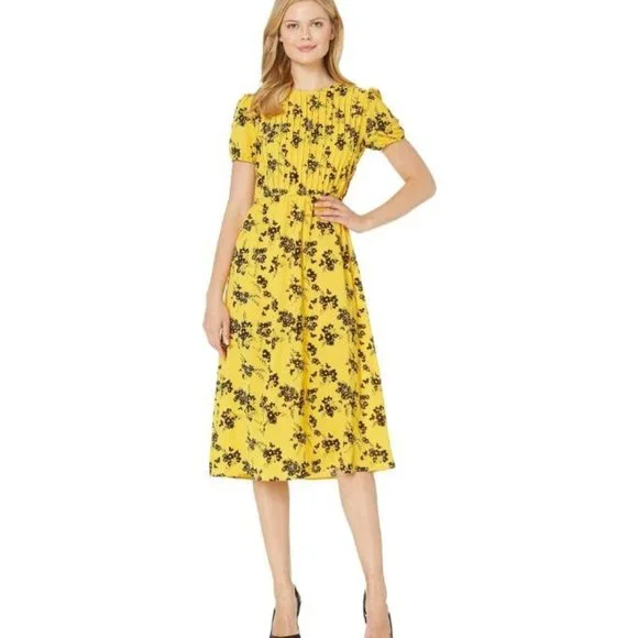 Michael Kors yellow black Botanical Pintucked Dress
